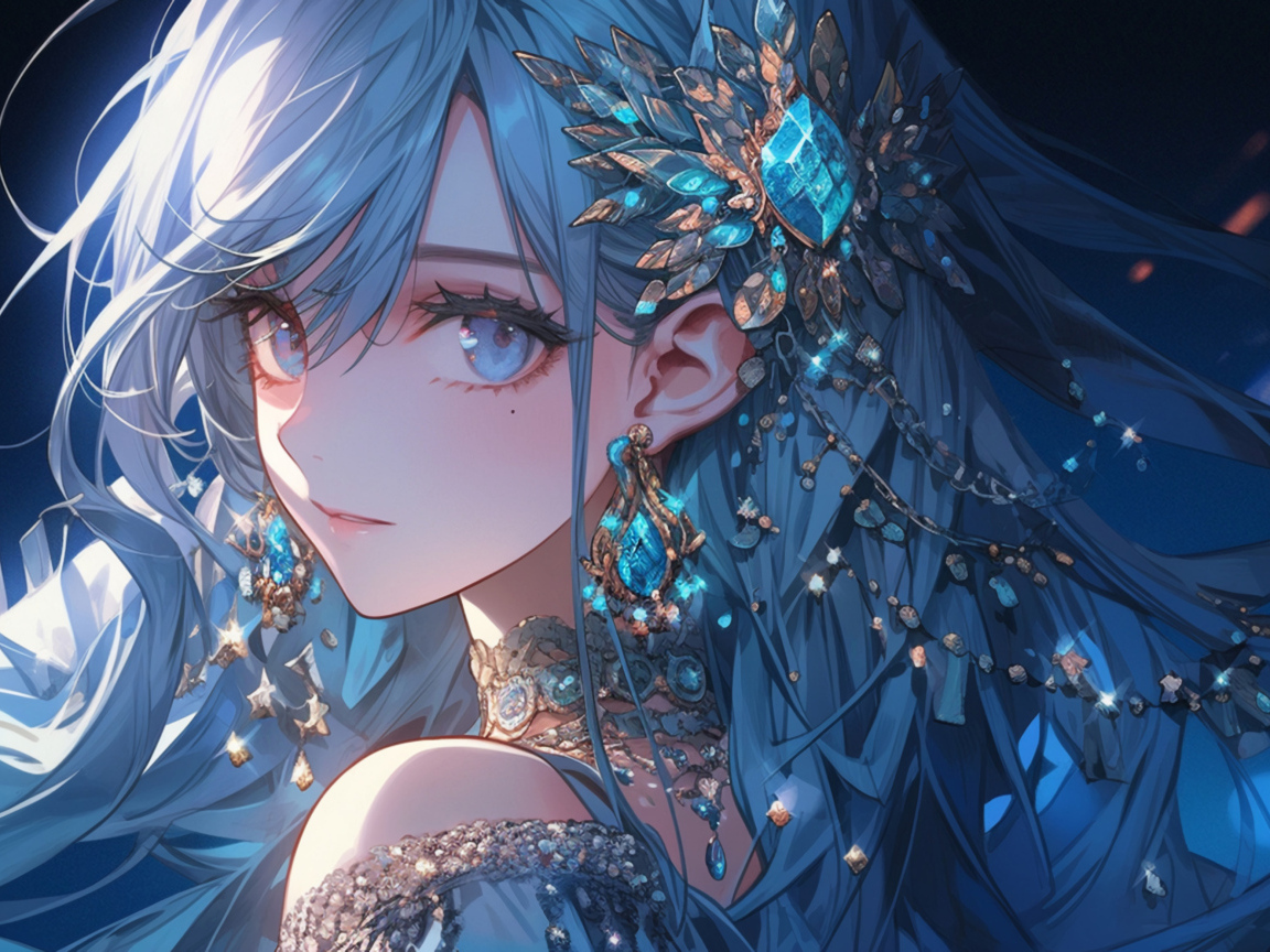 Девушка аниме с синими волосами с драгоценными камнями