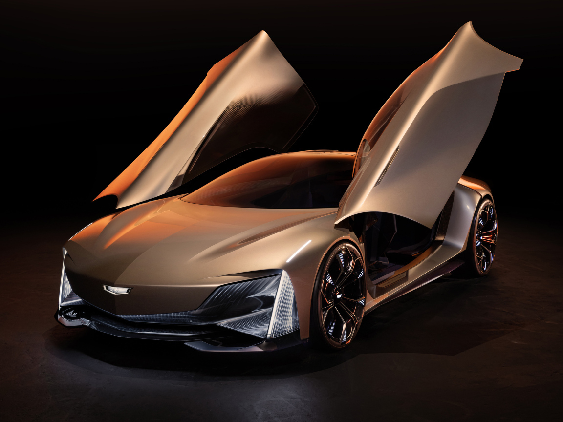 Автомобиль Cadillac Opulent Velocity Concept 2024 года с открытыми дверями