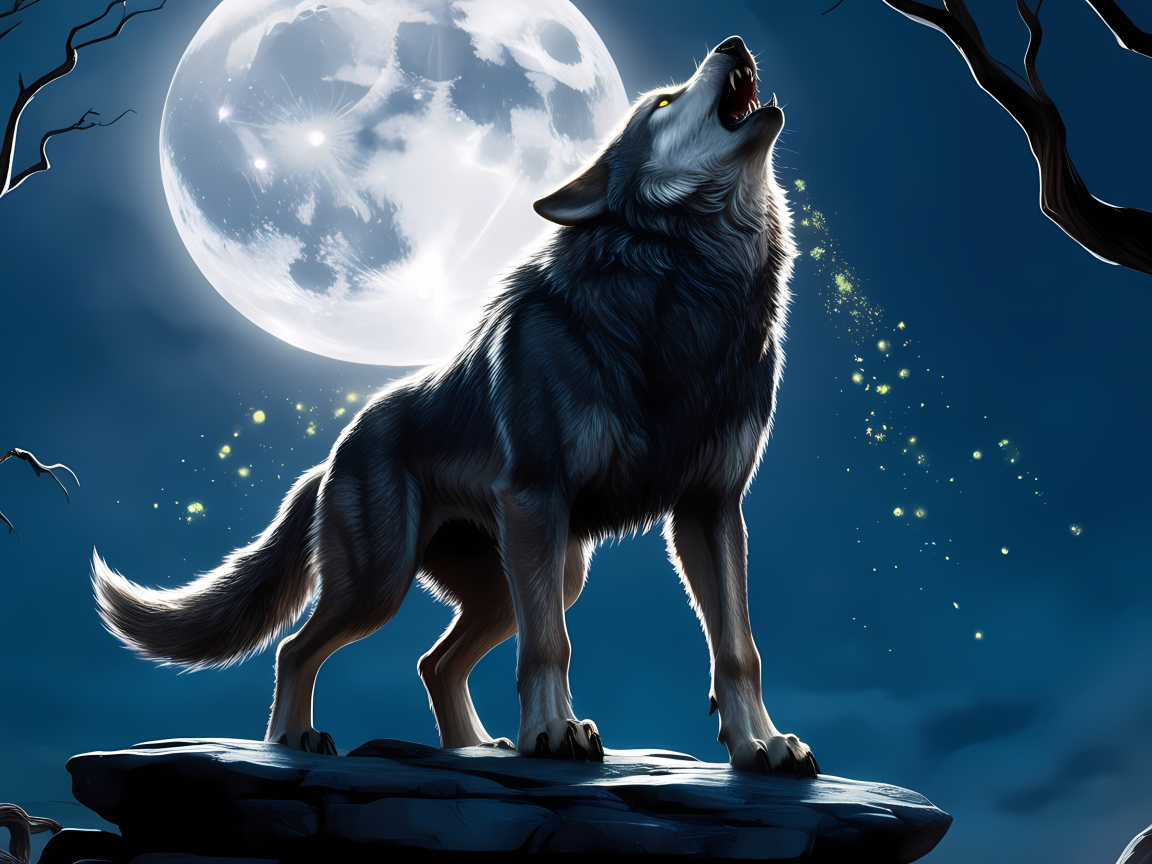 Нарисованный волк воет на луну