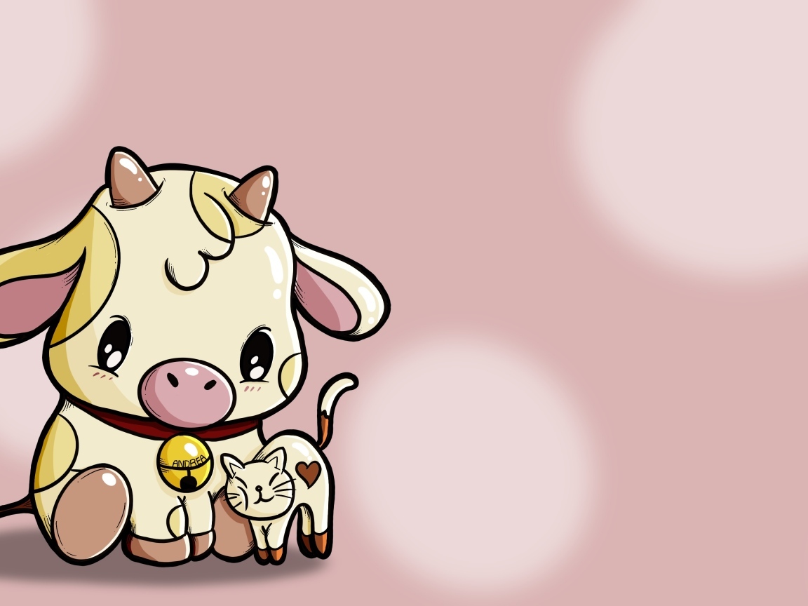 Нарисованный теленок с кошкой
