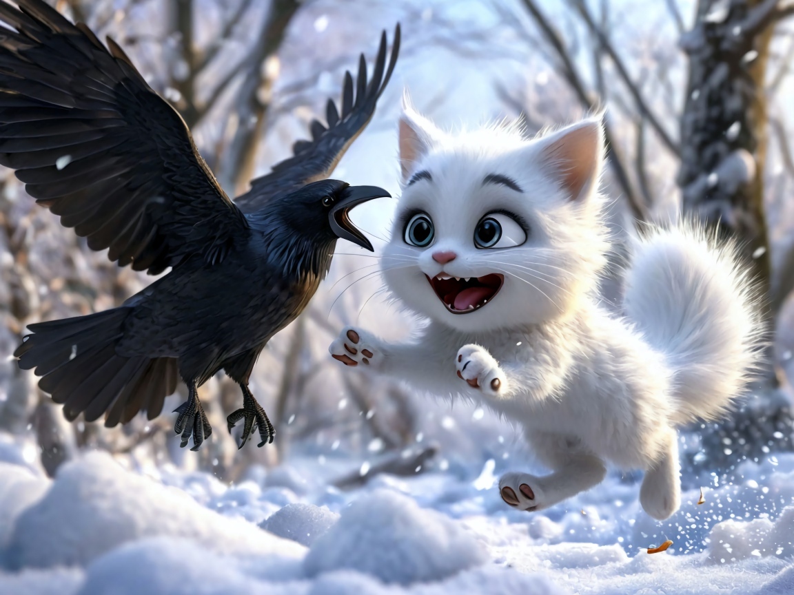 Нарисованный белый котенок играет с вороном