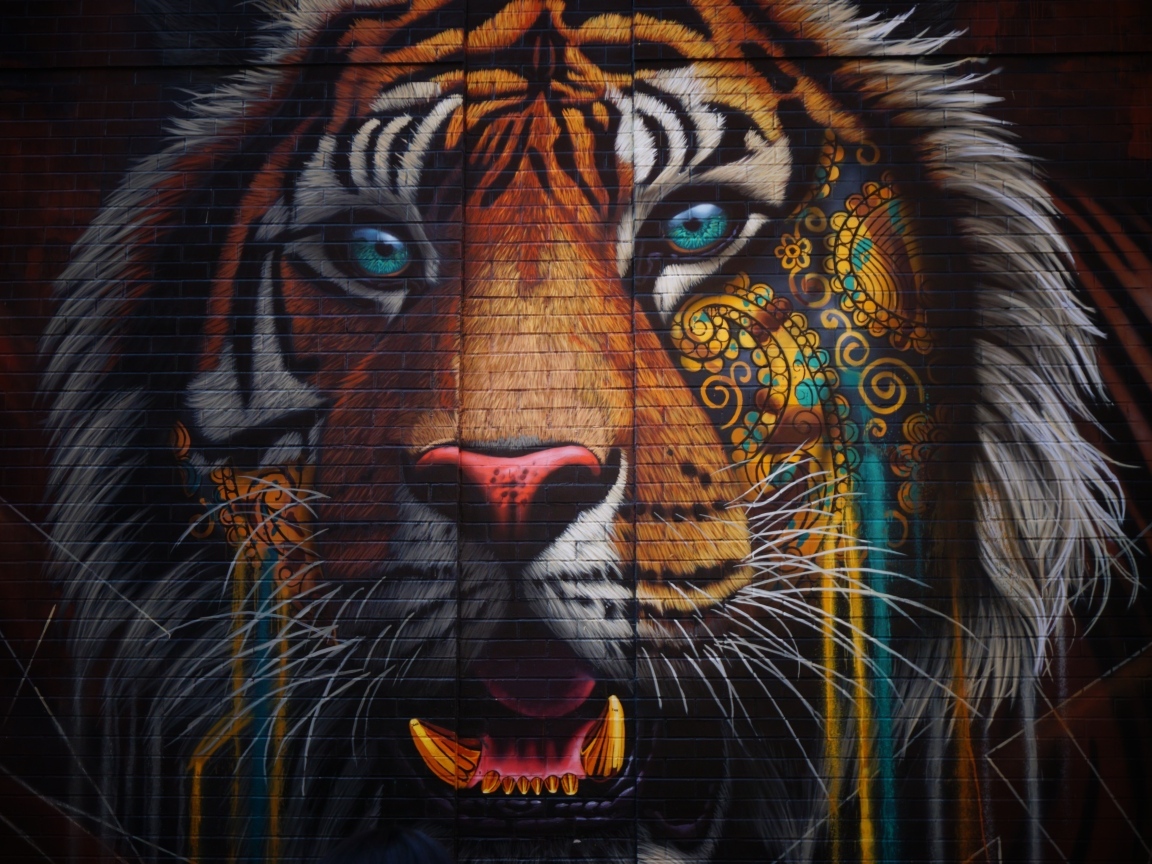 Нарисованное граффити тигра на стене