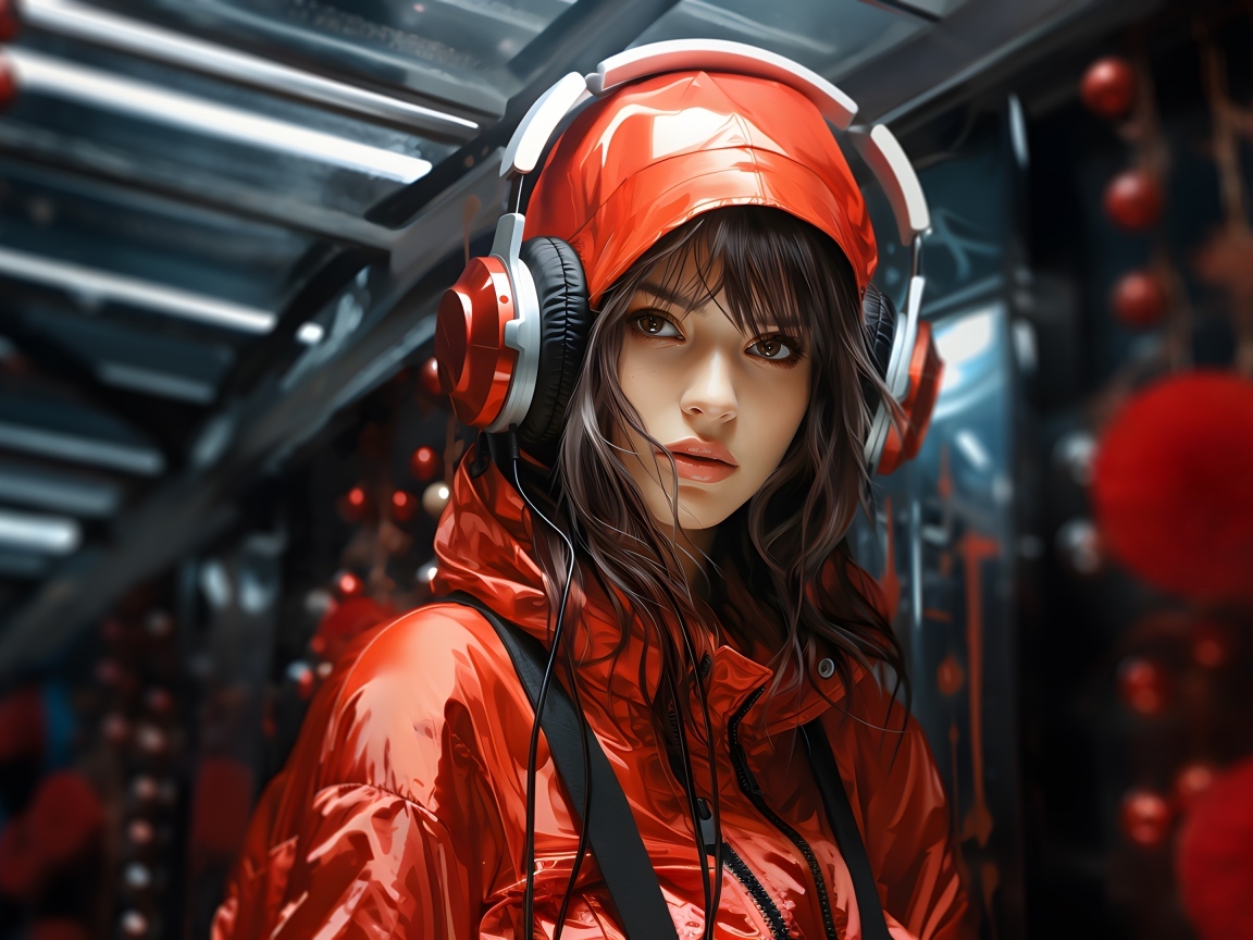 Нарисованная девушка в красной куртке с наушниками на голове