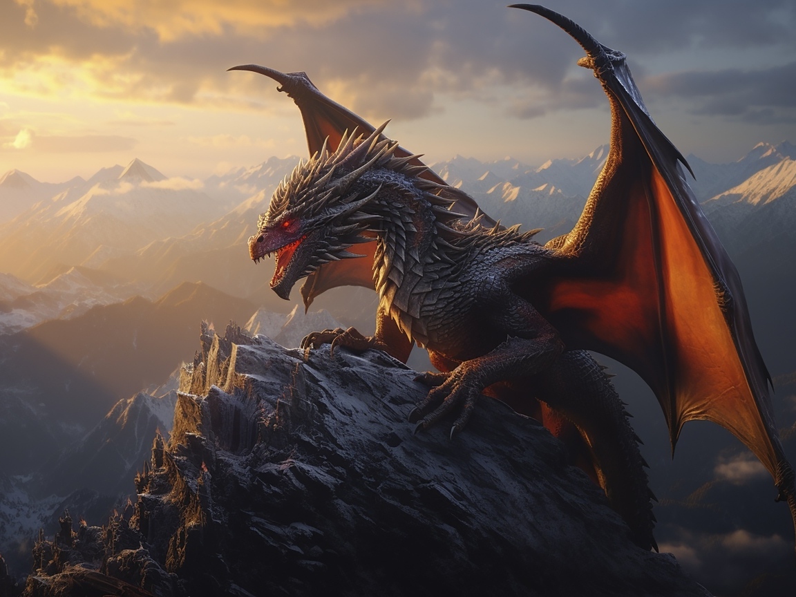 Большой свирепый дракон на вершине горы