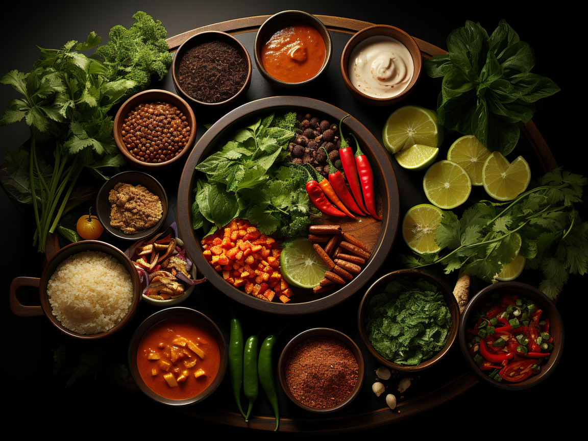 Ароматные специи, зелень и овощи на столе