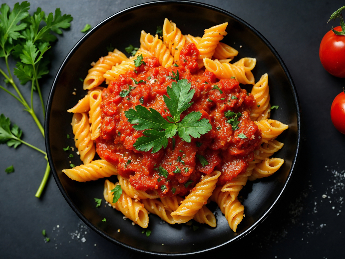 Макароны с томатной пастой на тарелке