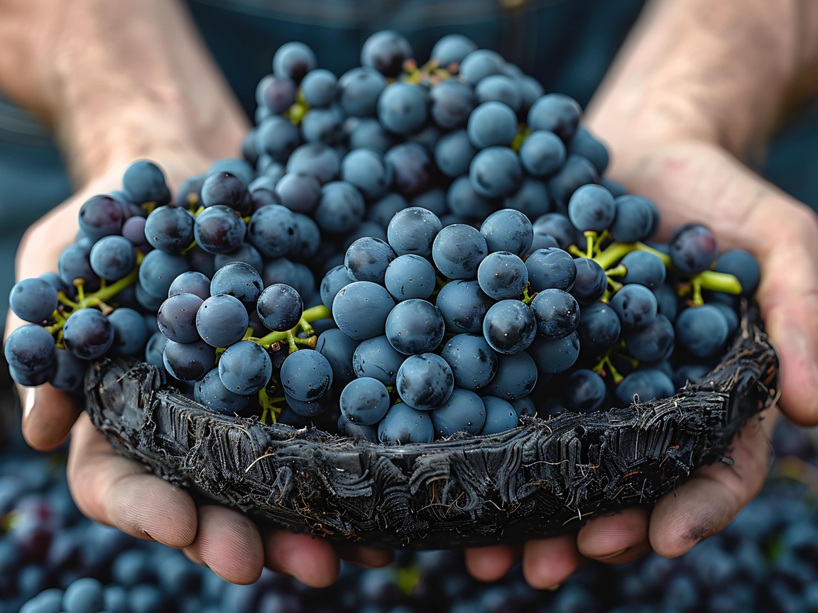 Гроздья синего винограда в руках 