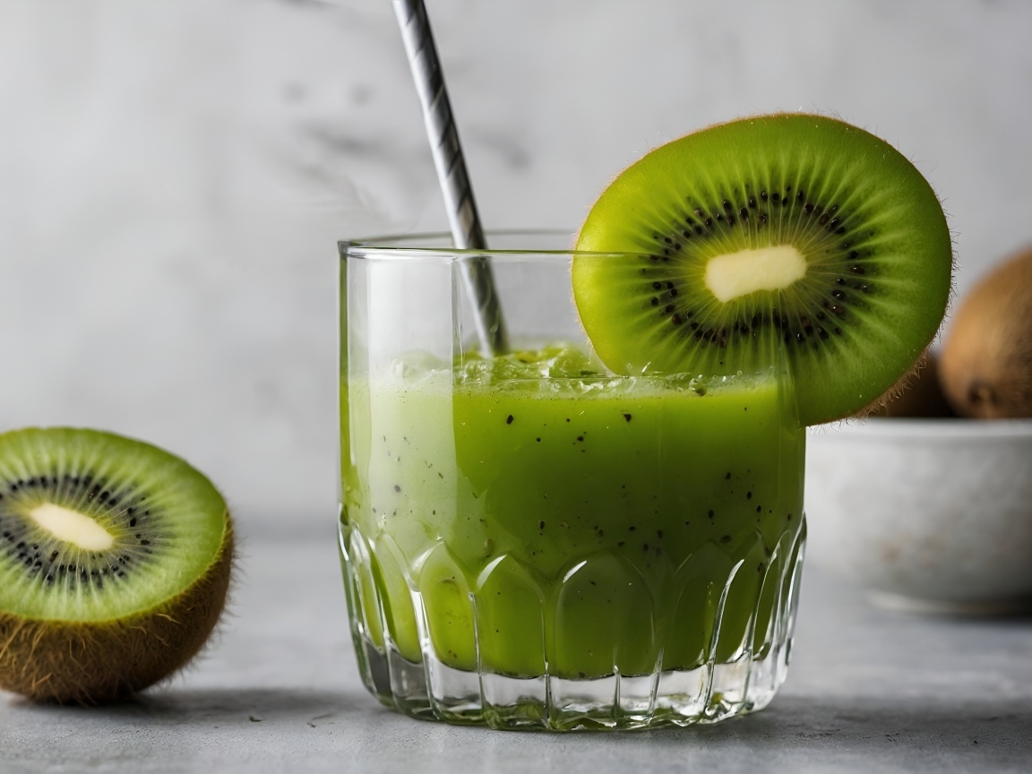 Стакан сока киви на столе с фруктами