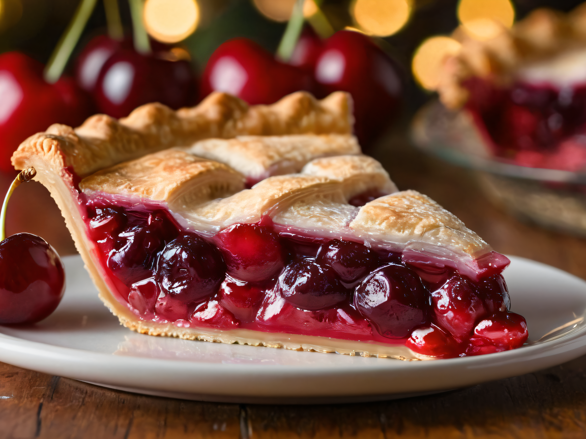 Кусок вишневого пирога на столе с ягодами