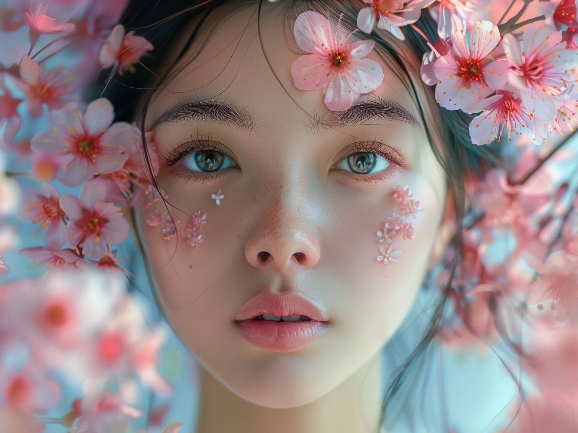 Красивая девушка азиатка с розовыми цветами сакуры