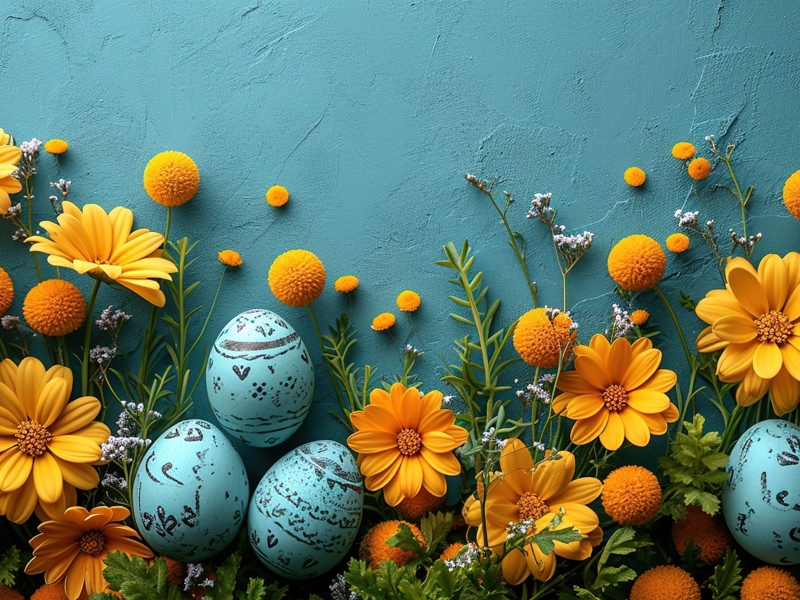 Синий фон с цветами и яйцами на Пасху