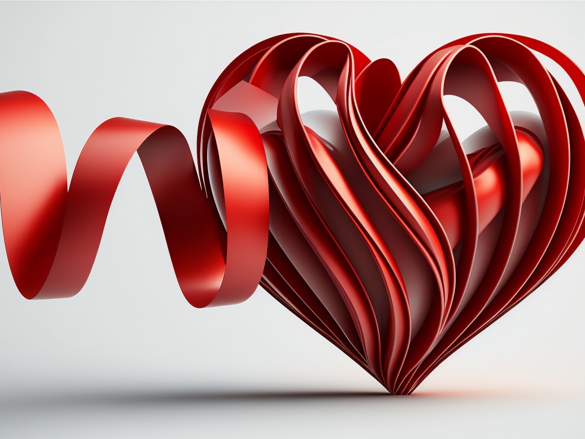 Красное 3д сердце с лентой на сером фоне