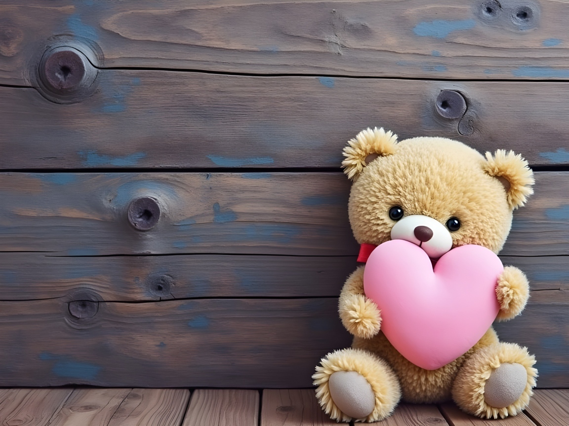Маленький плюшевый мишка с розовым сердцем у стены