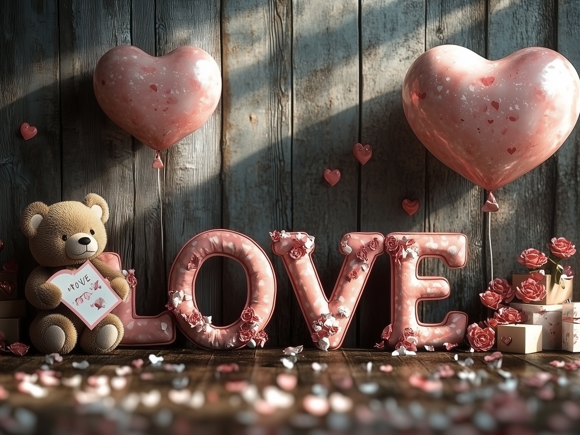 Игрушки, воздушные шары и надпись любовь у деревянной стены