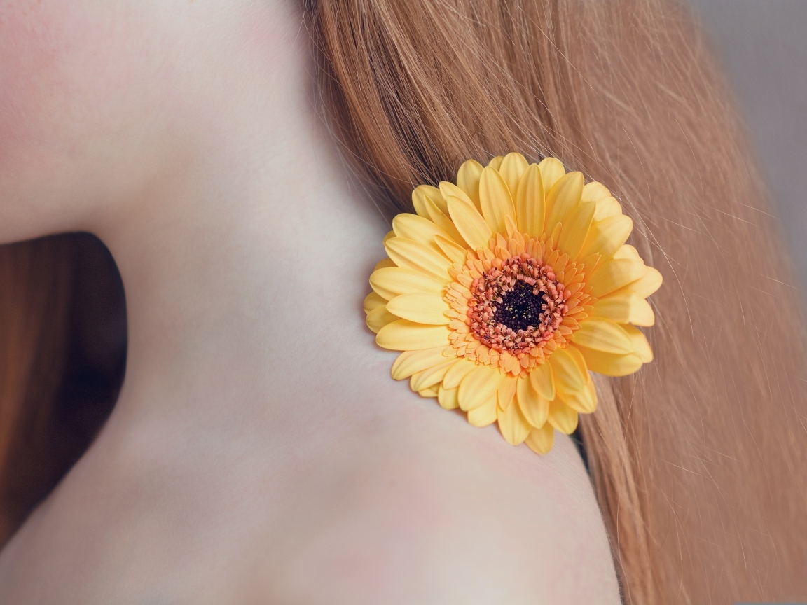 Оранжевая гербера в волосах рыжеволосой девушки