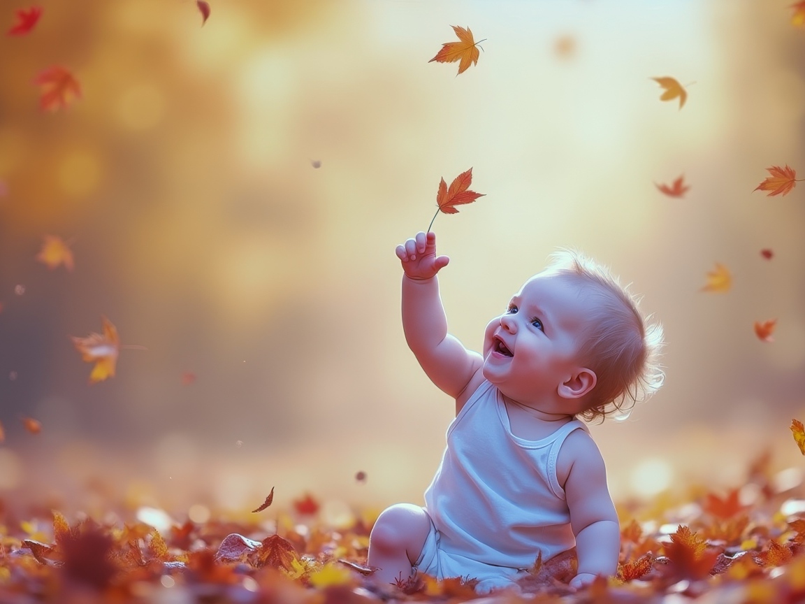 Маленький ребенок сидит на земле с опавшими листьями