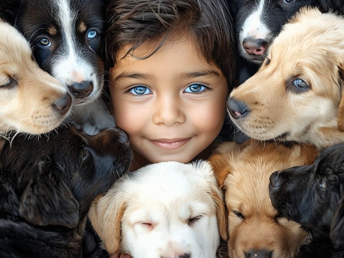 Красивый ребенок с собаками