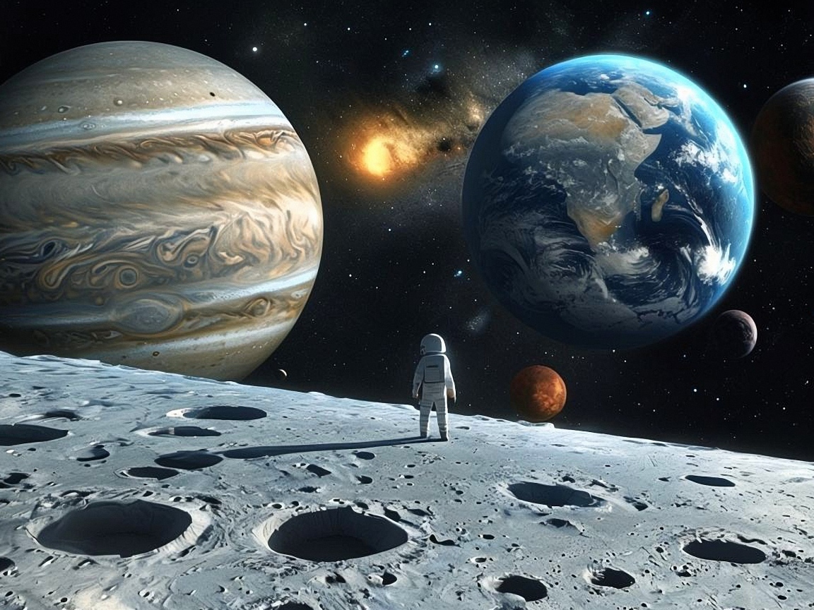 Астронавт в космосе смотрит на планеты