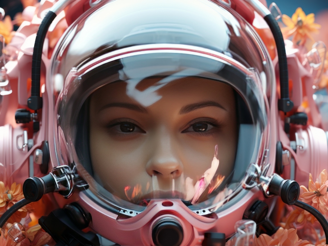Девушка астронавт в розовом шлеме с цветами