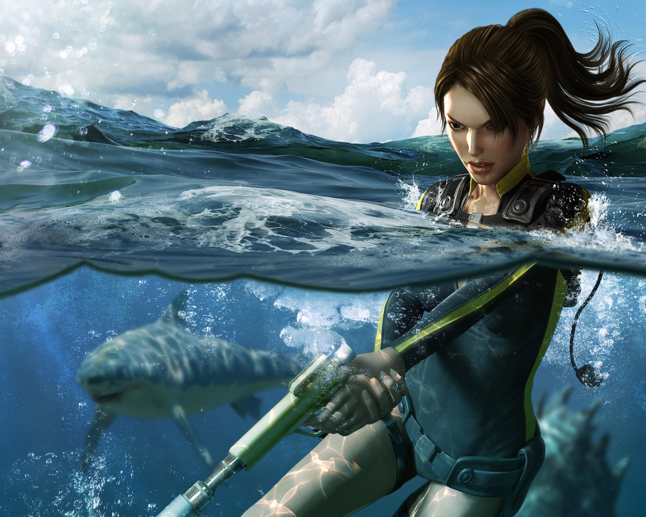 Лара Крофт подводная охота