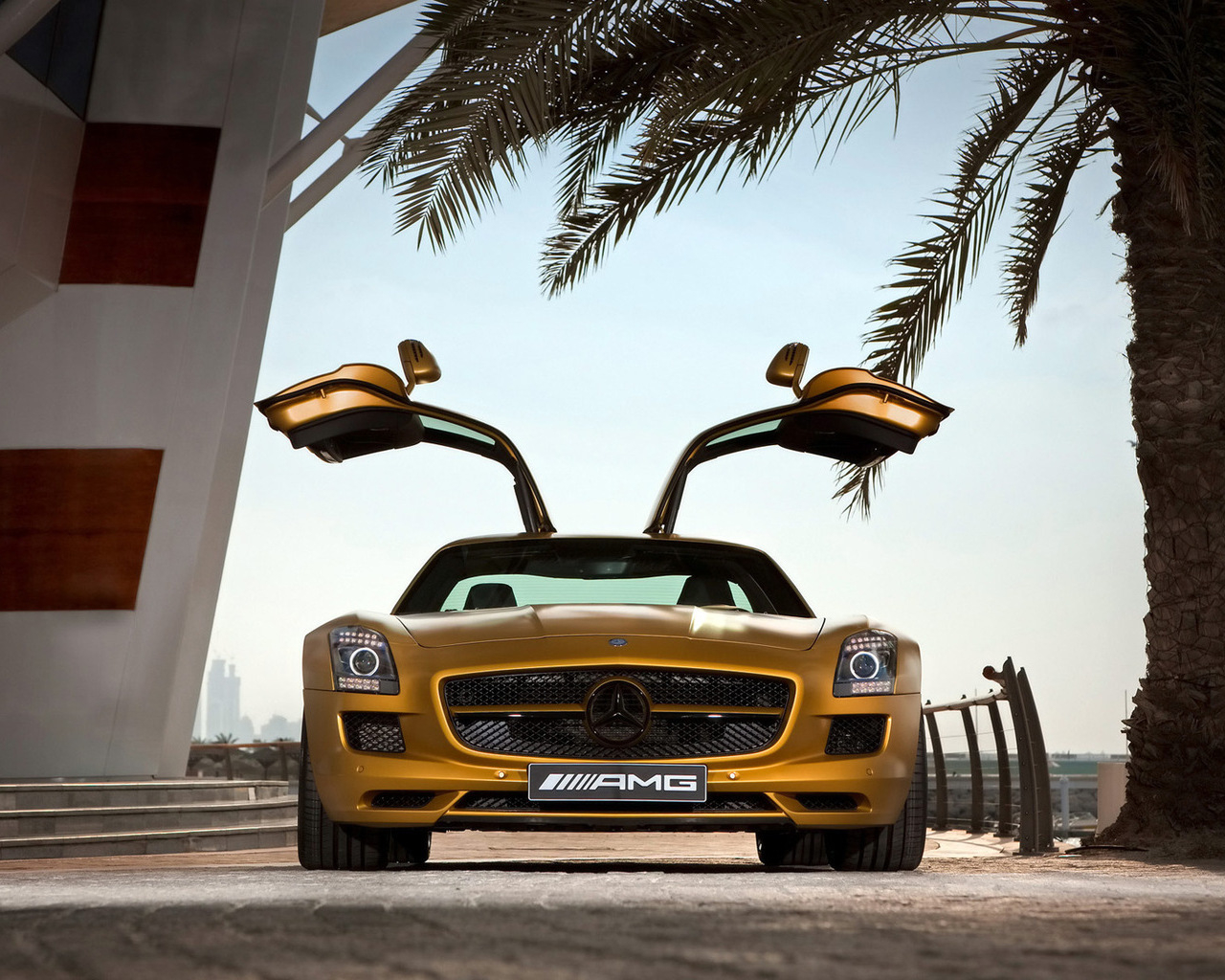 Mercedes Benz SLS AMG Desert Gold в тени пальмы