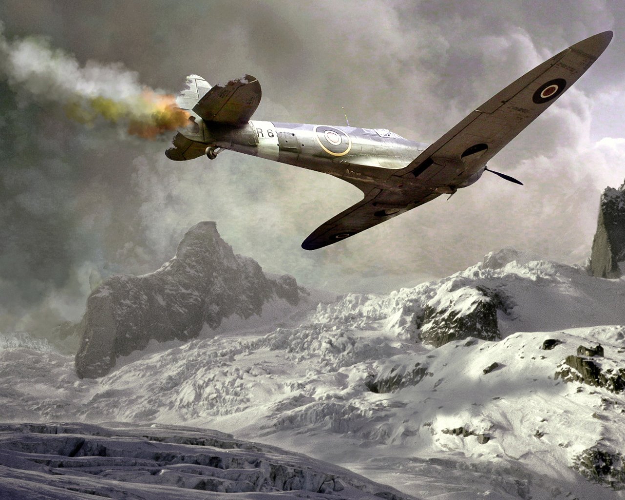 Подбитый пикирующий самолет