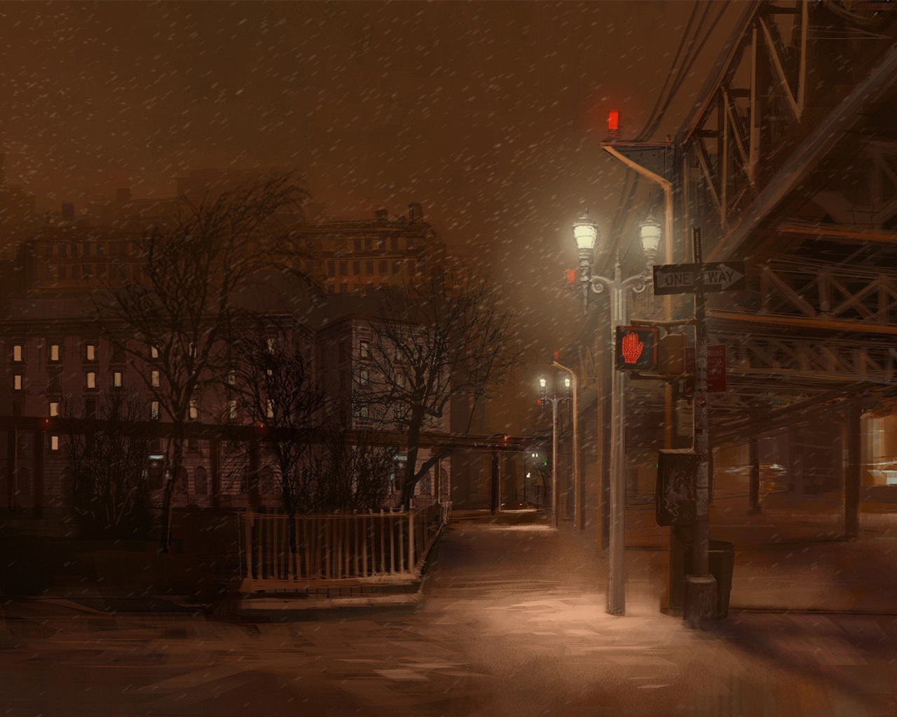 Мелкий снег на ночной улице