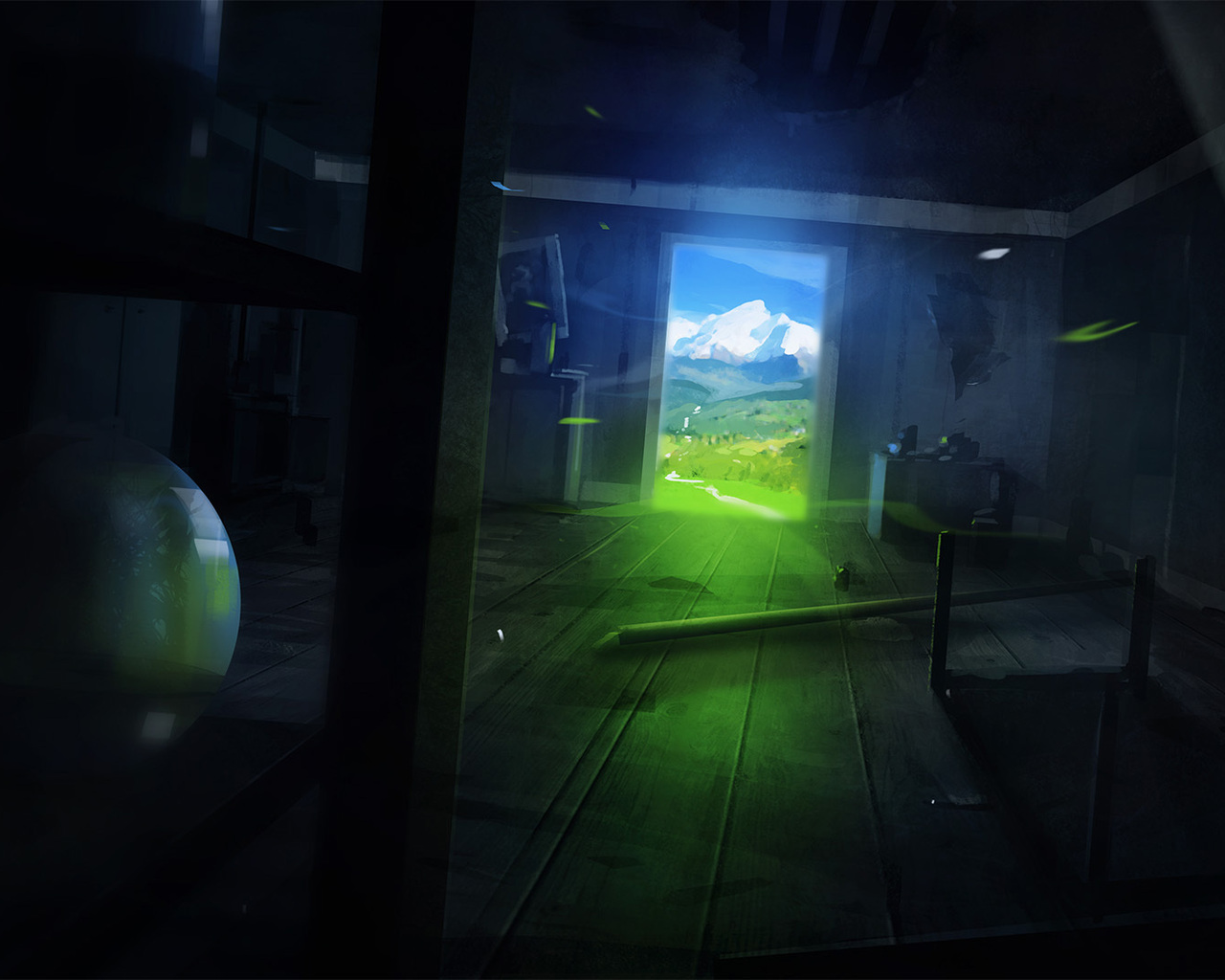 Темная комната с видом на горы