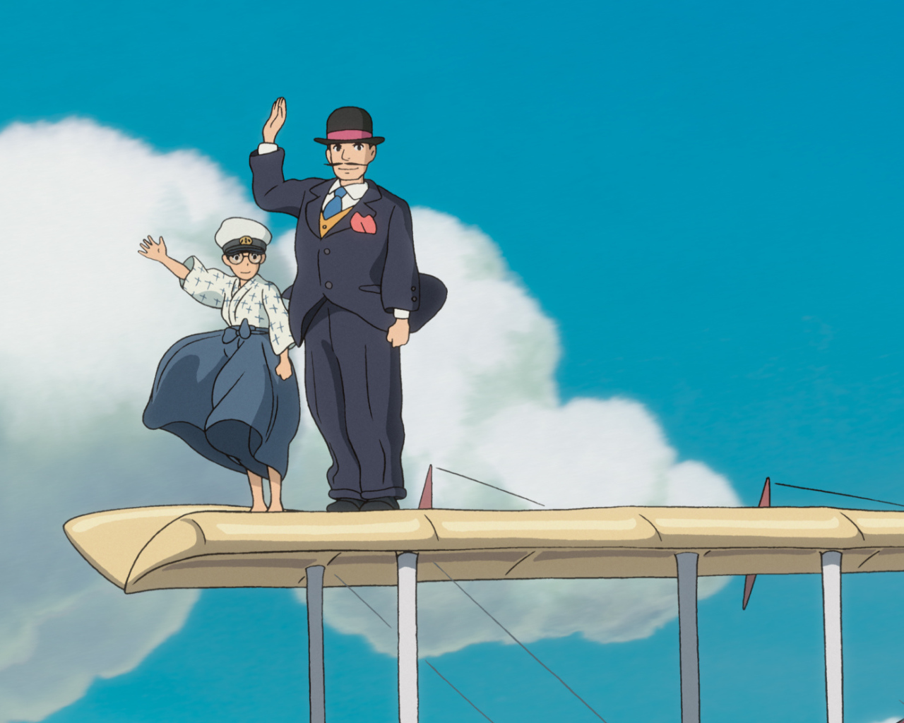 Аниме мультфильм Миядзаки Kaze tachinu, персонажи машут рукой