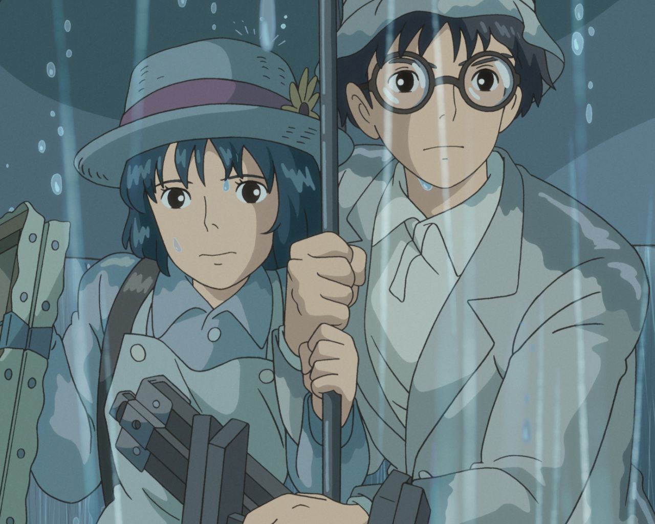 Аниме мультфильм Миядзаки Ветер крепчает, герои под дождём