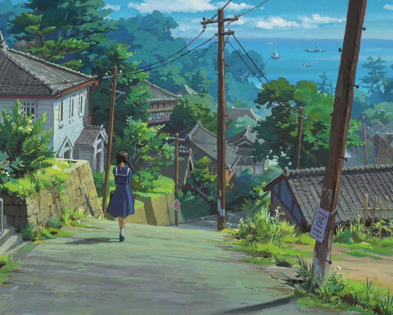 Miyazaki's anime cartoon, girl walking along the road