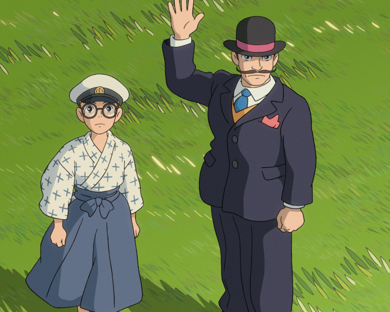 Аниме мультфильм Миядзаки, герои на траве