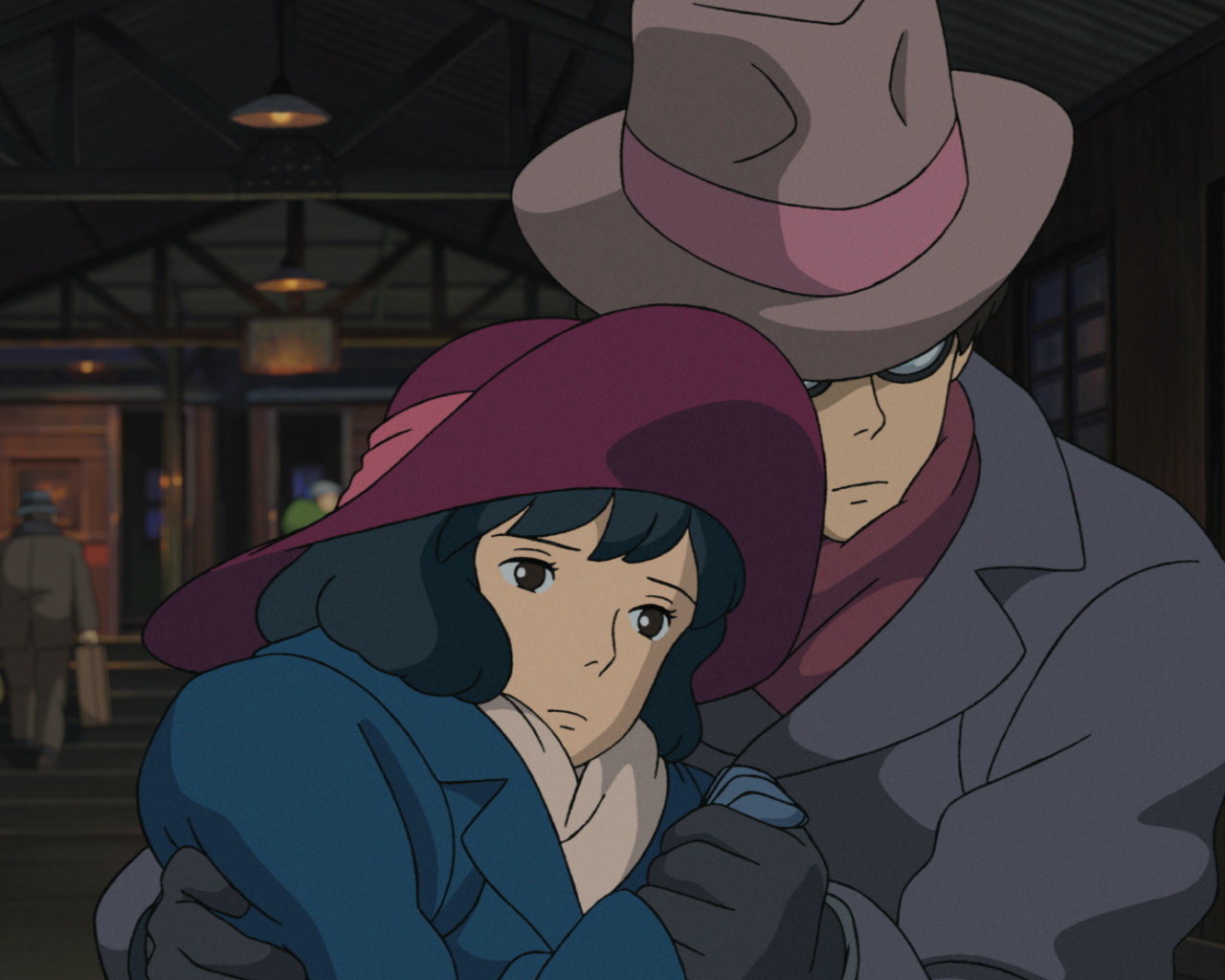 The wind rises аниме мультфильм Миядзаки, персонажи обнимаются