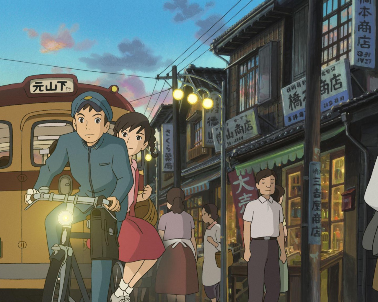 Аниме мультфильм Миядзаки Со склонов Кокурико, парень и девушка на велосипеде