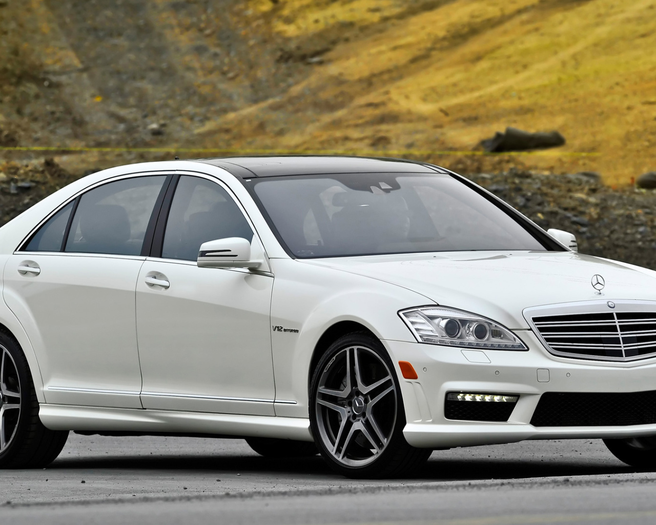 Белый Mercedes-Benz S65 AMG в парке