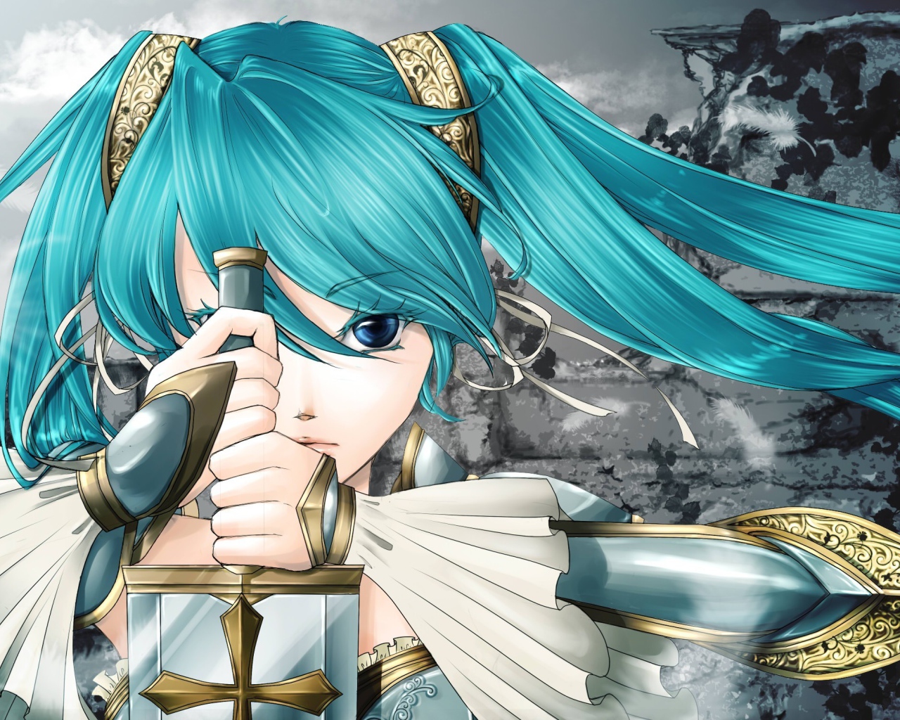 Девушка с голубыми волосами и мечом