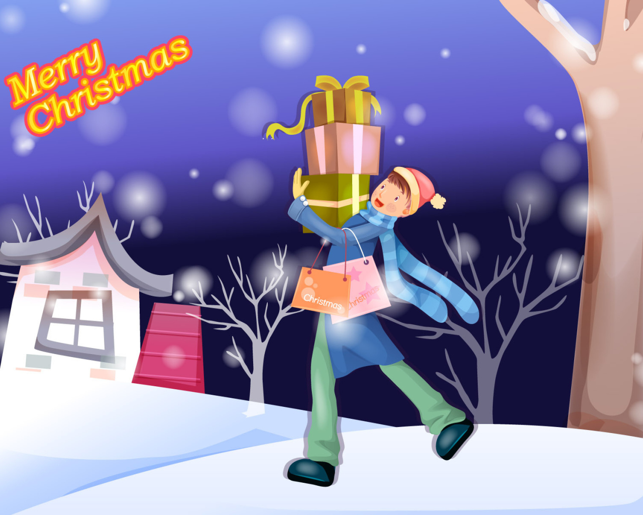 Мальчик идёт дарить подарки на рождество