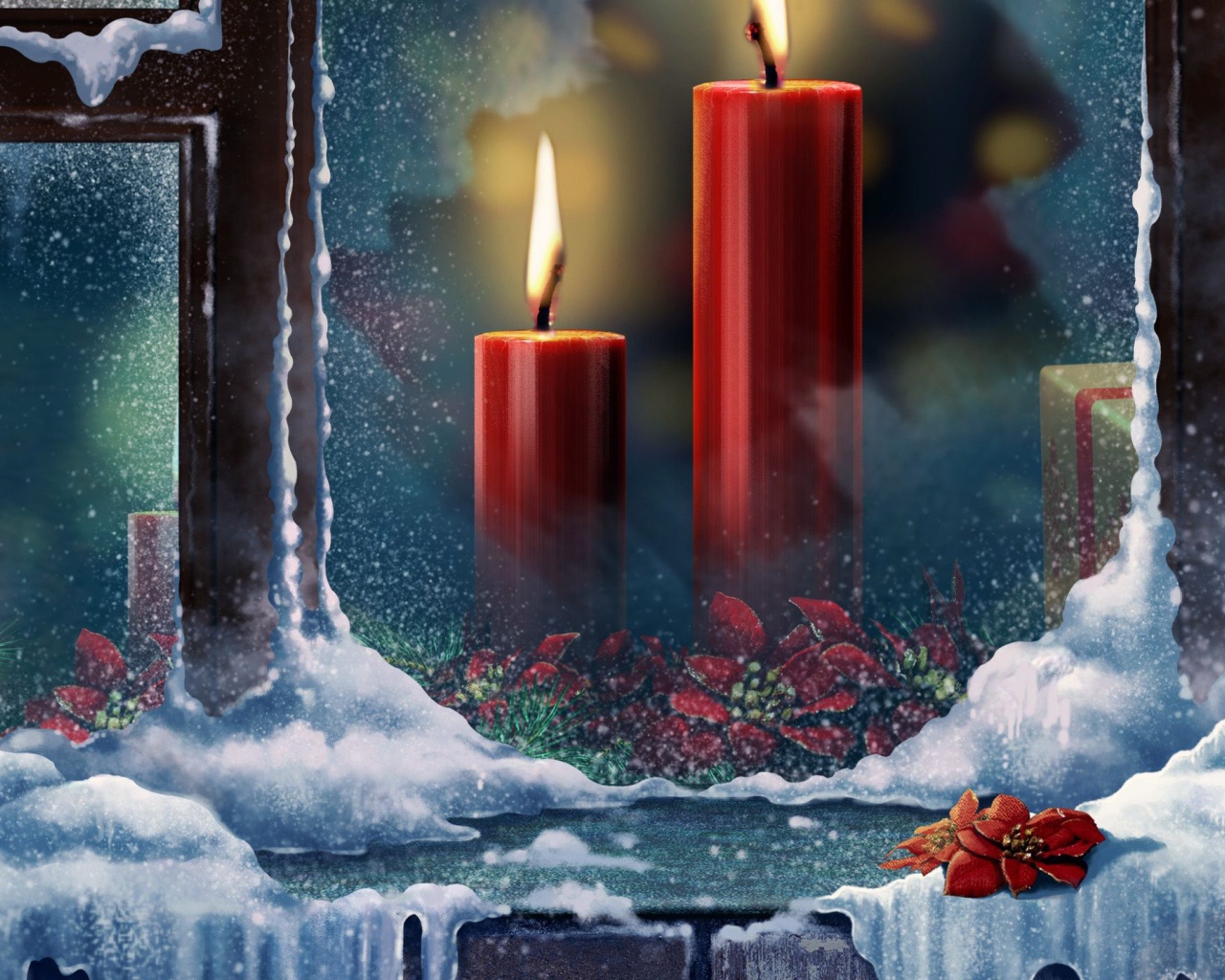 Горящие свечи за окном на рождество