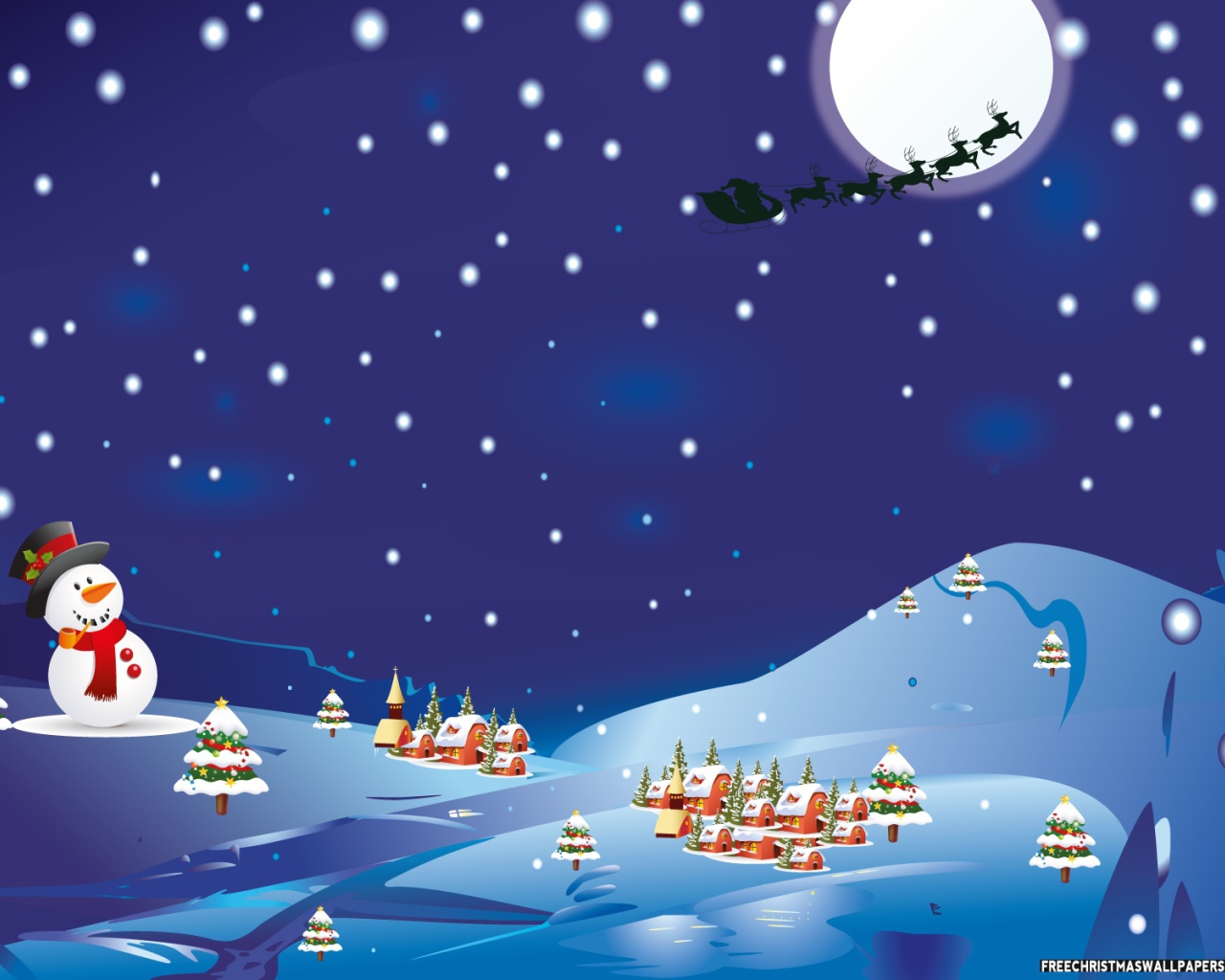 Снеговик смотрит на упряжку с оленями на рождество