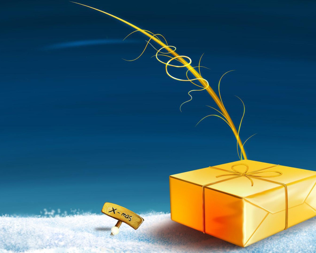 Жёлтая подарочная коробка лежит на снегу на рождество