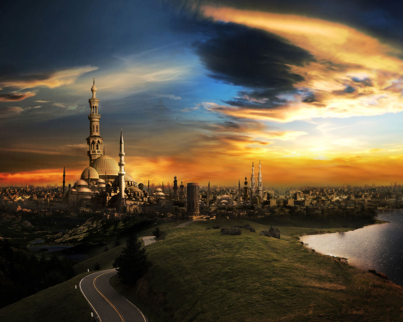 Фантастический город с башнями