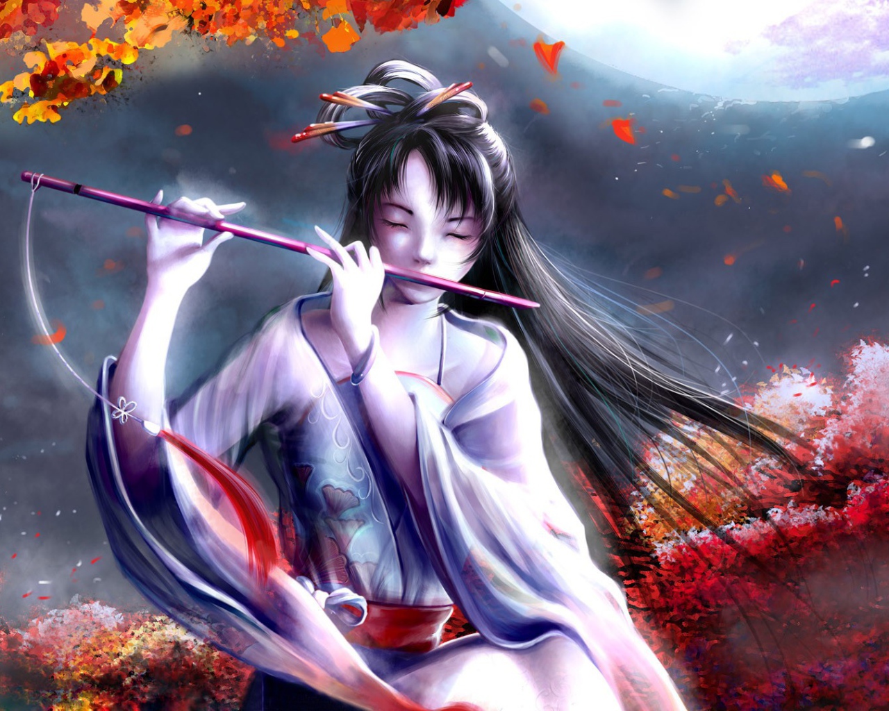 Японка играет на флейте