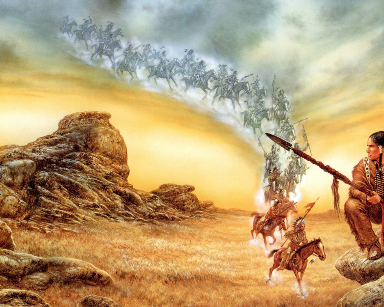 Индейцы на лошадях спускаются с неба