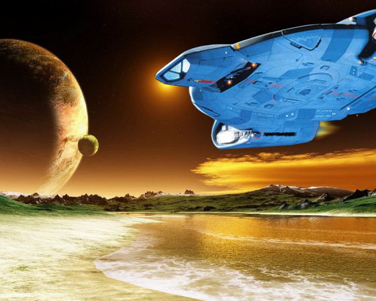 Космический корабль садится на планету