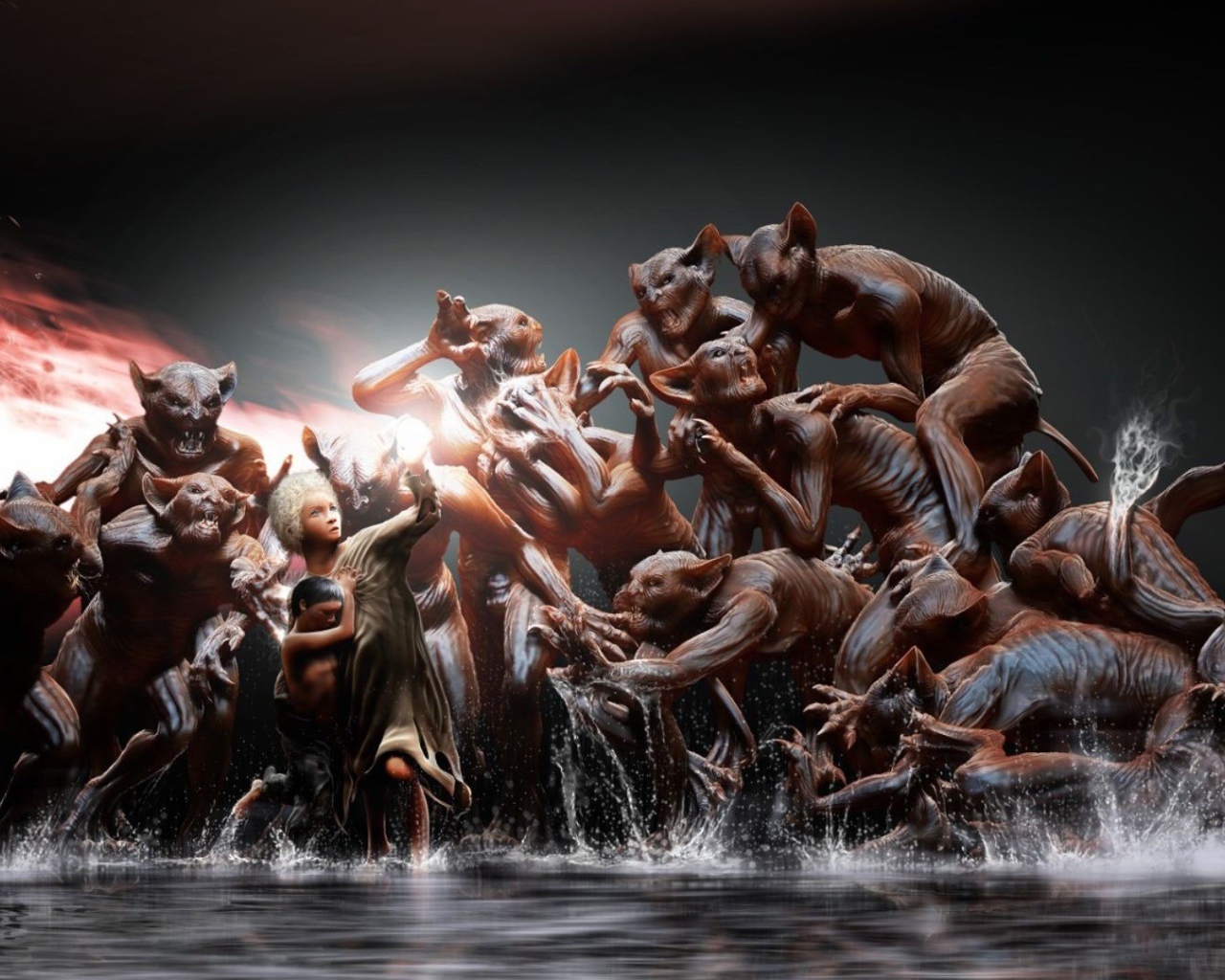 Женщина защищает ребенка от монстров