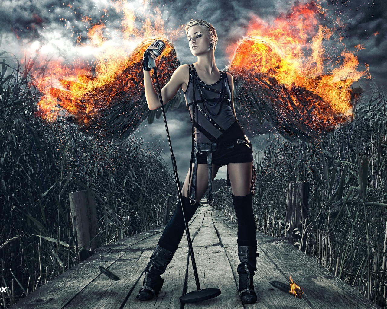 Черный ангел с горящими крыльями