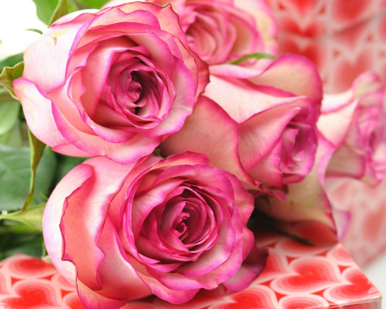 Букет роз лежит на коробке