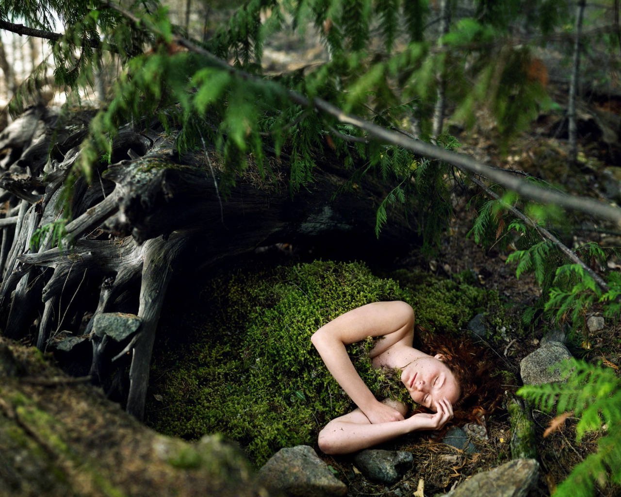 Девушка спит во мху
