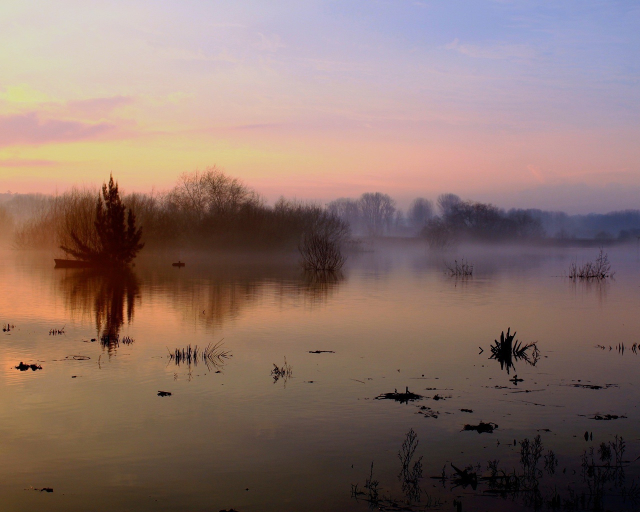 Туман над озером осенью