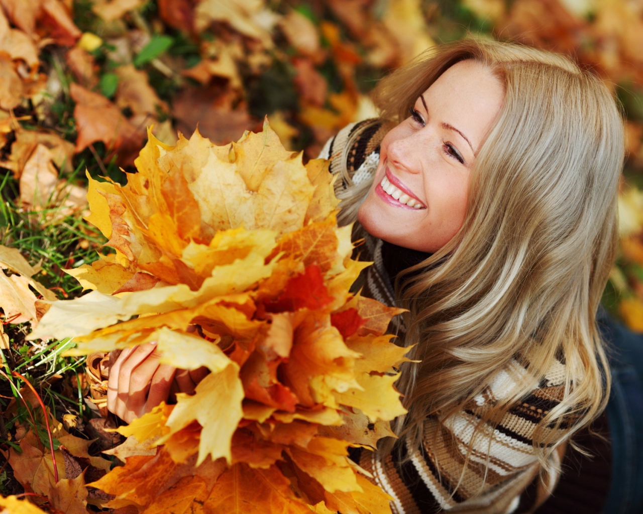 Beautiful girl is holding autumn leaves